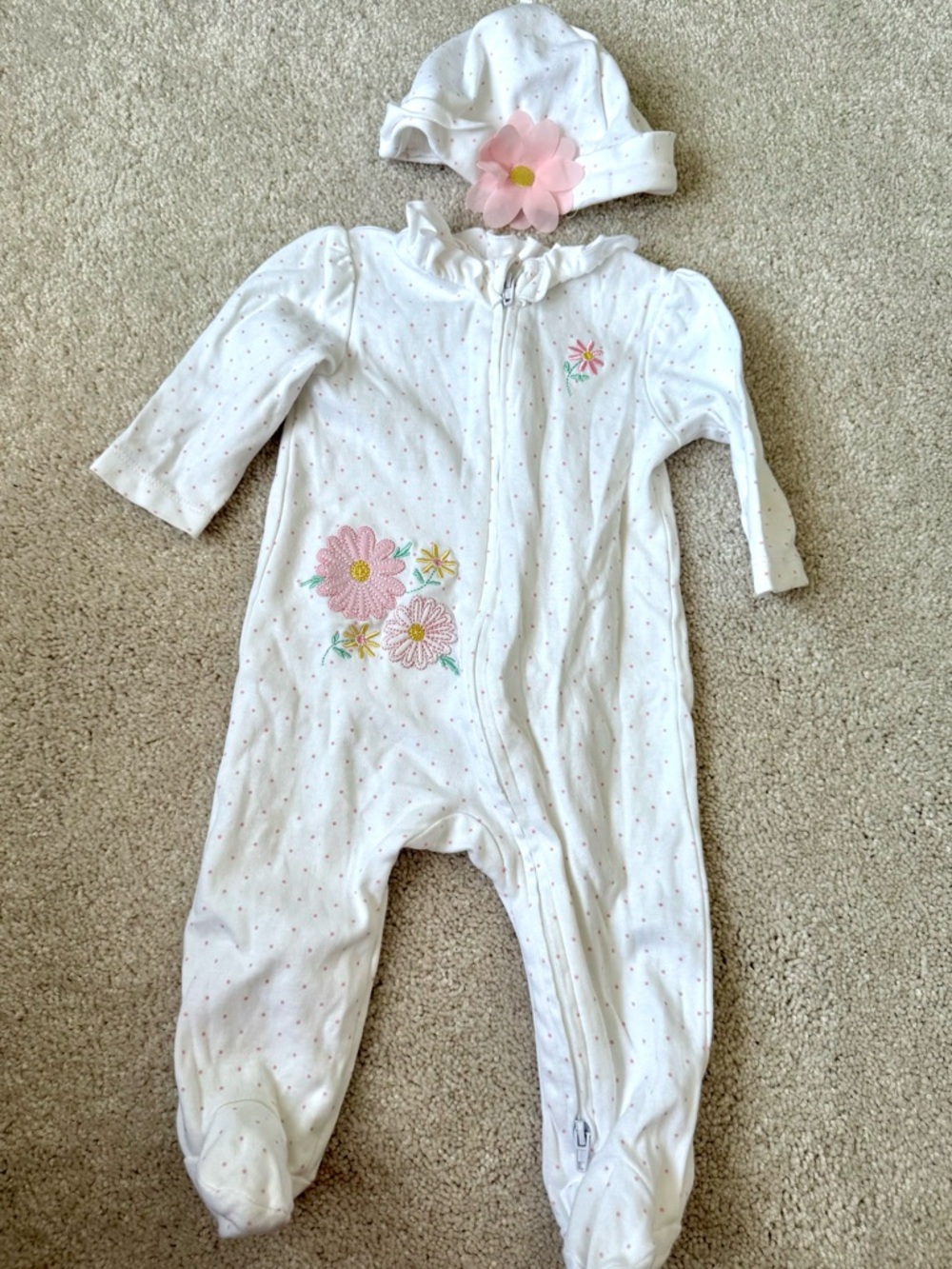 Brand New Little Me White Footed One-Piece with Pink Floral Embroidery and Hat